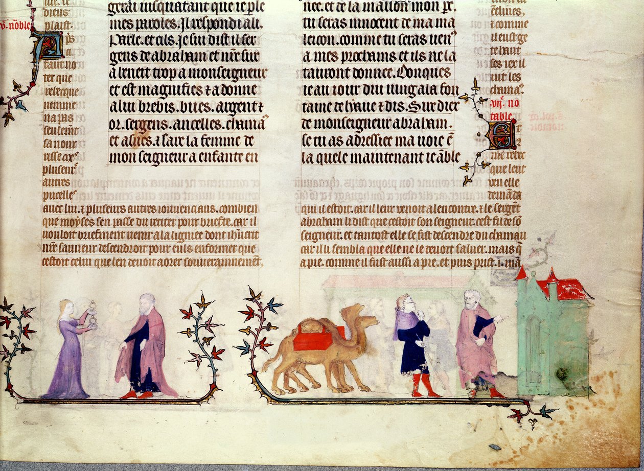 Duas cenas da história de Rebecca no poço, da Bíblia de Jean de Sy, c.1355 de French School