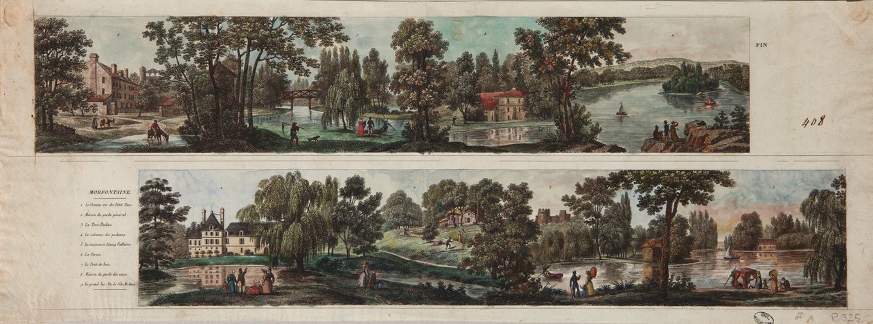 Duas vistas de Mortefontaine Park com legendas (gravura com wc no papel) de French School