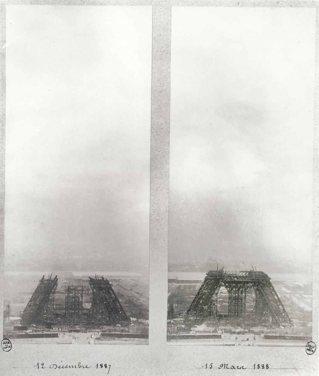 Duas vistas da construção da Torre Eiffel, Paris, 12 de dezembro de 1887 e 15 de março de 1888 de French School