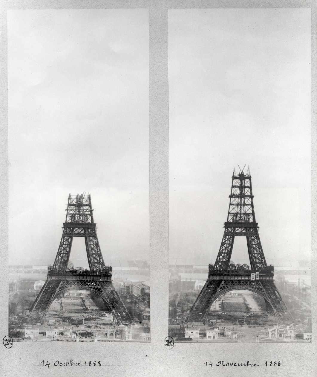 Duas vistas da construção da Torre Eiffel, Paris, 14 de outubro e 14 de novembro de 1888 de French School