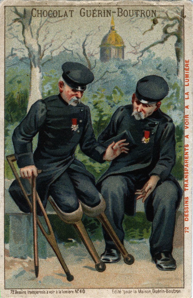 Dois inválidos de guerra: um rabo a falar com um pinguim. Cromolitografia do século XIX. de French School