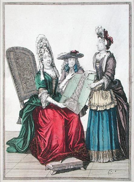Duas mulheres e um rapaz admirando uma gravura do Grande Farol de Alexandria, no final do século XVII (gravura colorida) de French School
