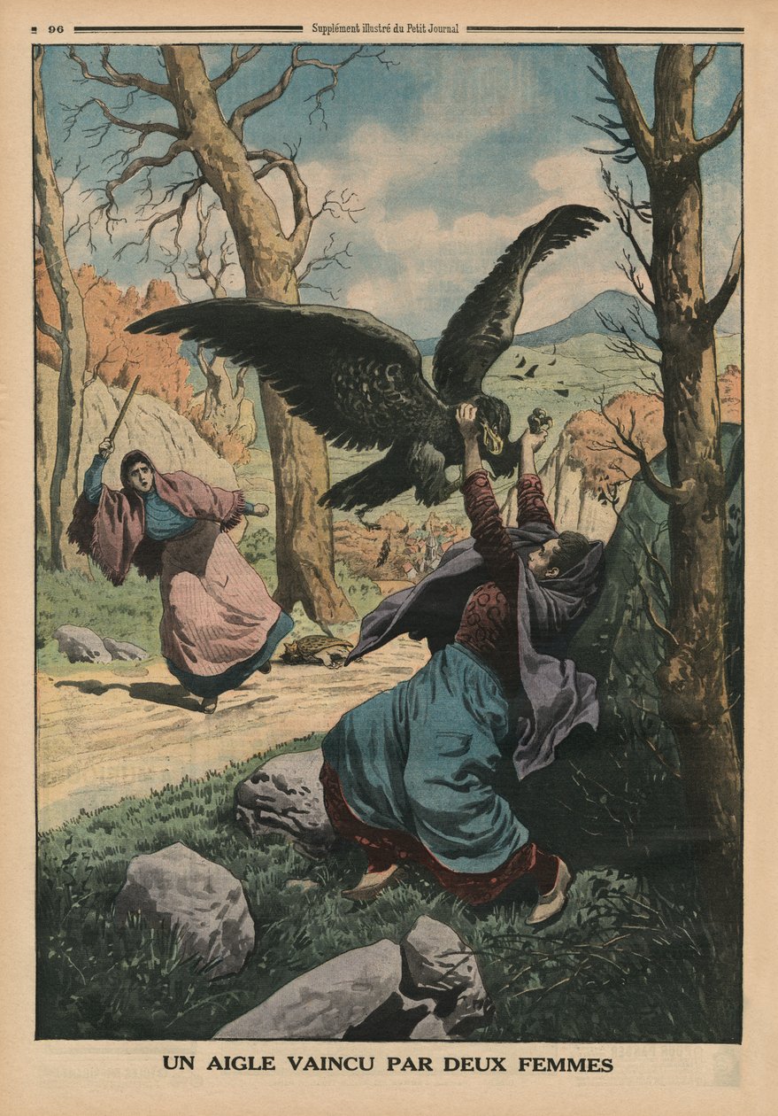 Duas mulheres derrotando uma águia, ilustração de capa de &39;Le Petit Journal&39;, suplemento ilustre, 22 de março de 1914 de French School