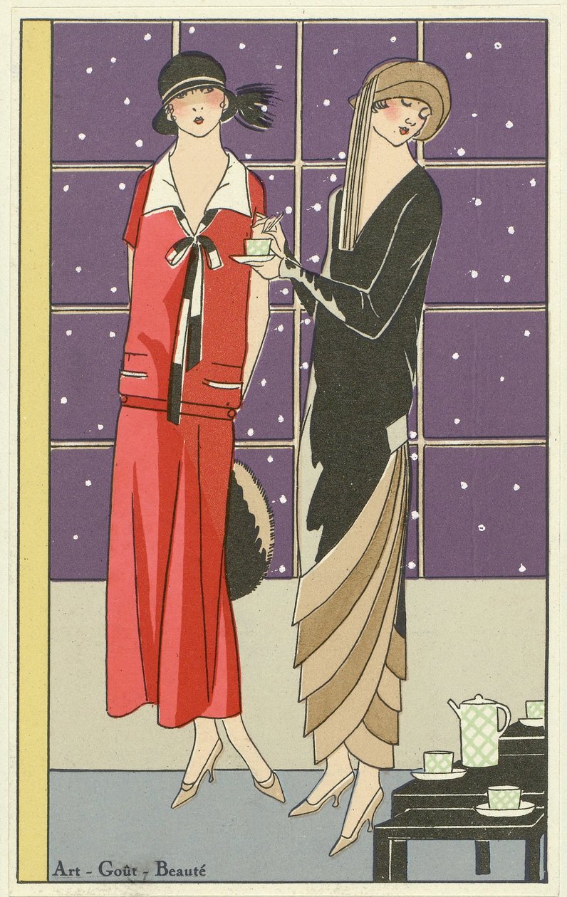 Duas mulheres tomando chá e vestidas com designs de Jean Patou e Beer, do pub Art-Goût-Beauté. 1924 de French School