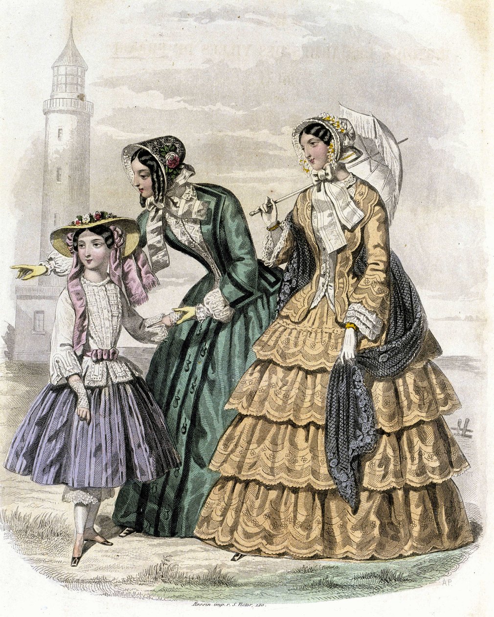 Duas mulheres com uma rapariga no campo - em "Journal des Demoiselles" 1852. de French School