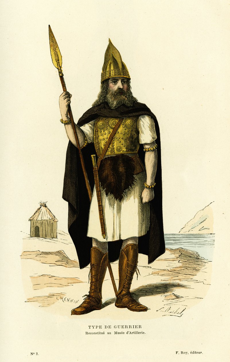 Tipo de guerreiro Gálico, com lança e epee nydam. Gravura a cores depois do desenho de L. Hennin, em "France et les francais à travers les siecles" de Augustin Challamel, editor F.Roy, Paris 1882. Coleção Selva. de French School