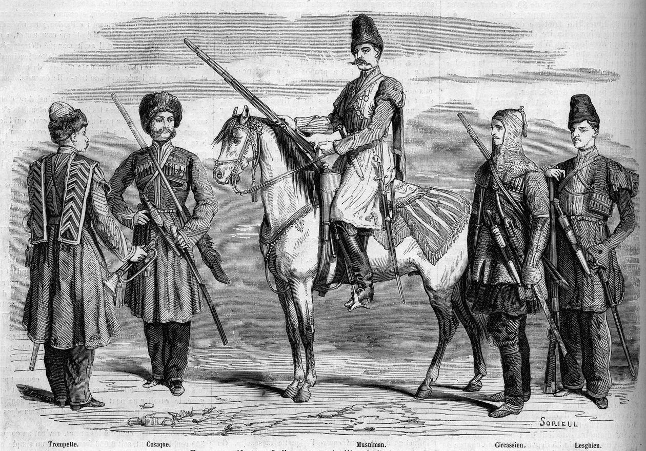 Tipos e fardas da escolta especial do imperador da Rússia. Da esquerda para a direita: Trompete, cossaco, muçulmano, circassiano e lésbico. Gravura em "Le Monde Illustré" n°153 de 17 de Março de 1860. de French School