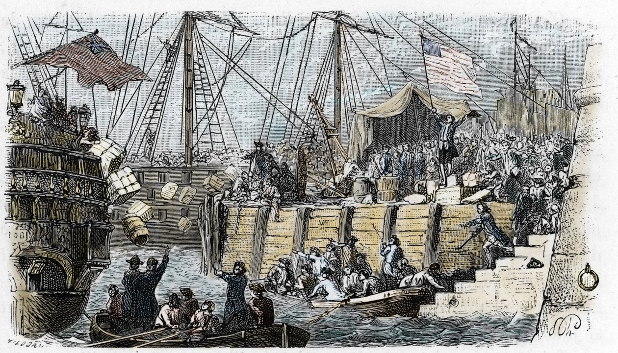 Guerra da Independência dos EUA: revolta dos colonos americanos (de origem britânica) contra os impostos impostos impostos pelo Parlamento inglês sobre o chá e outros produtos alimentares. Eles disfarçam-se de índios e atiram a carga do chá ao mar depois d de French School
