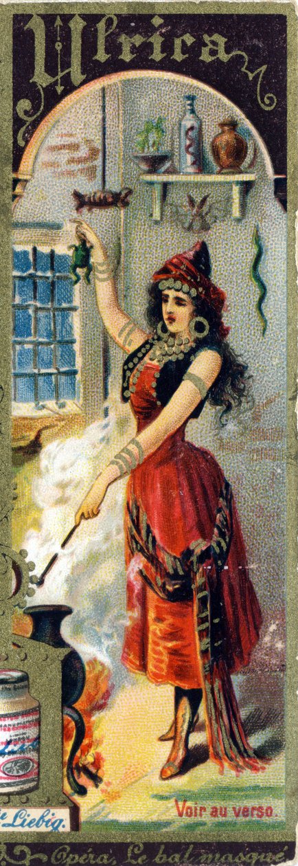Ulrica na ópera de Giuseppe Verdi "Le bal masque", criada em 1859. Alfabeto de nomes femininos sobre o tema: trajes e óperas femininas. Cromolitografia publicitária de Liebig. de French School