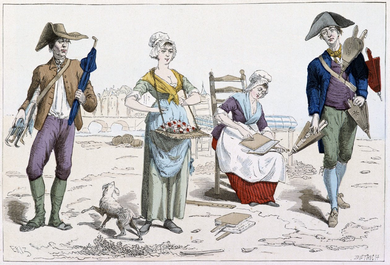 Comerciante de guarda-chuvas, comerciante de flores, cardador de colchões, comerciante de foles de French School