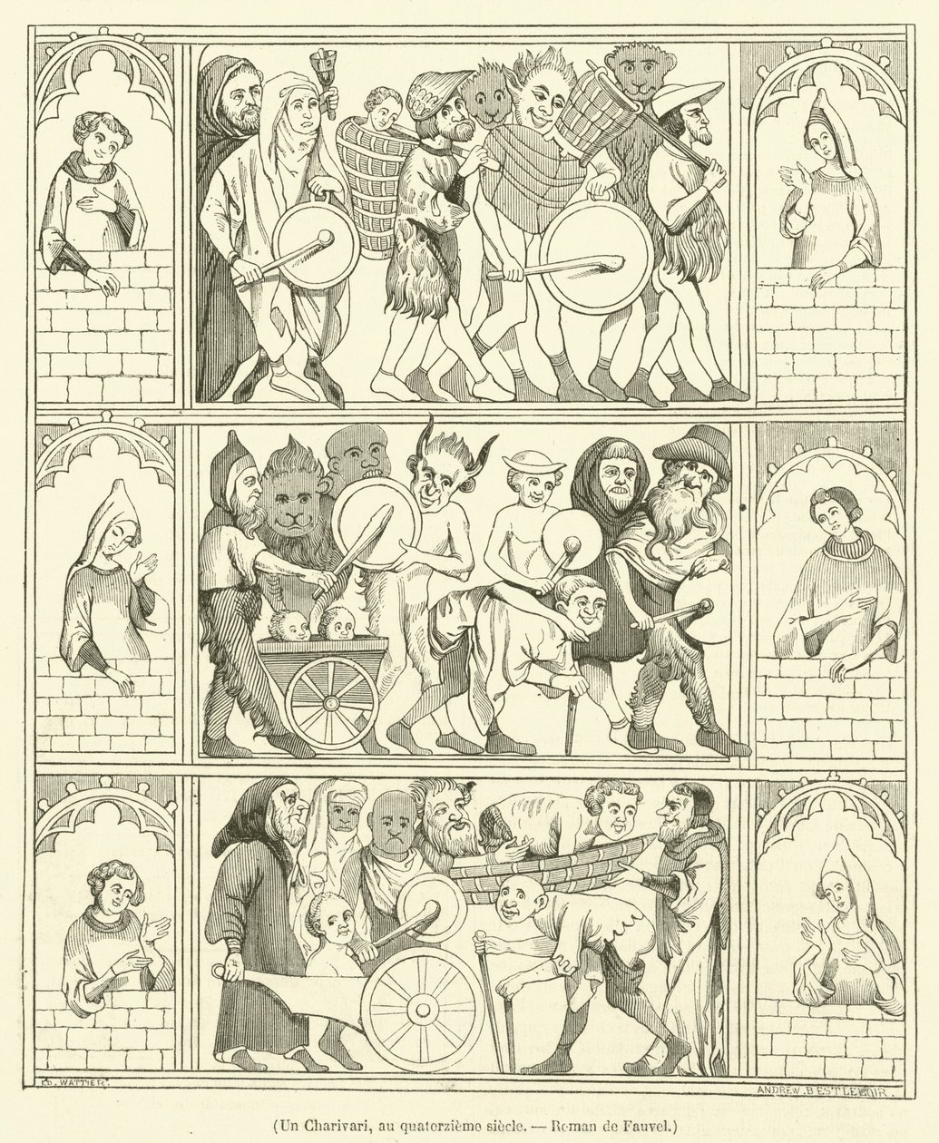 Un Charivari, au quatorzieme siecle, Roman de Fauvel (gravura) de French School