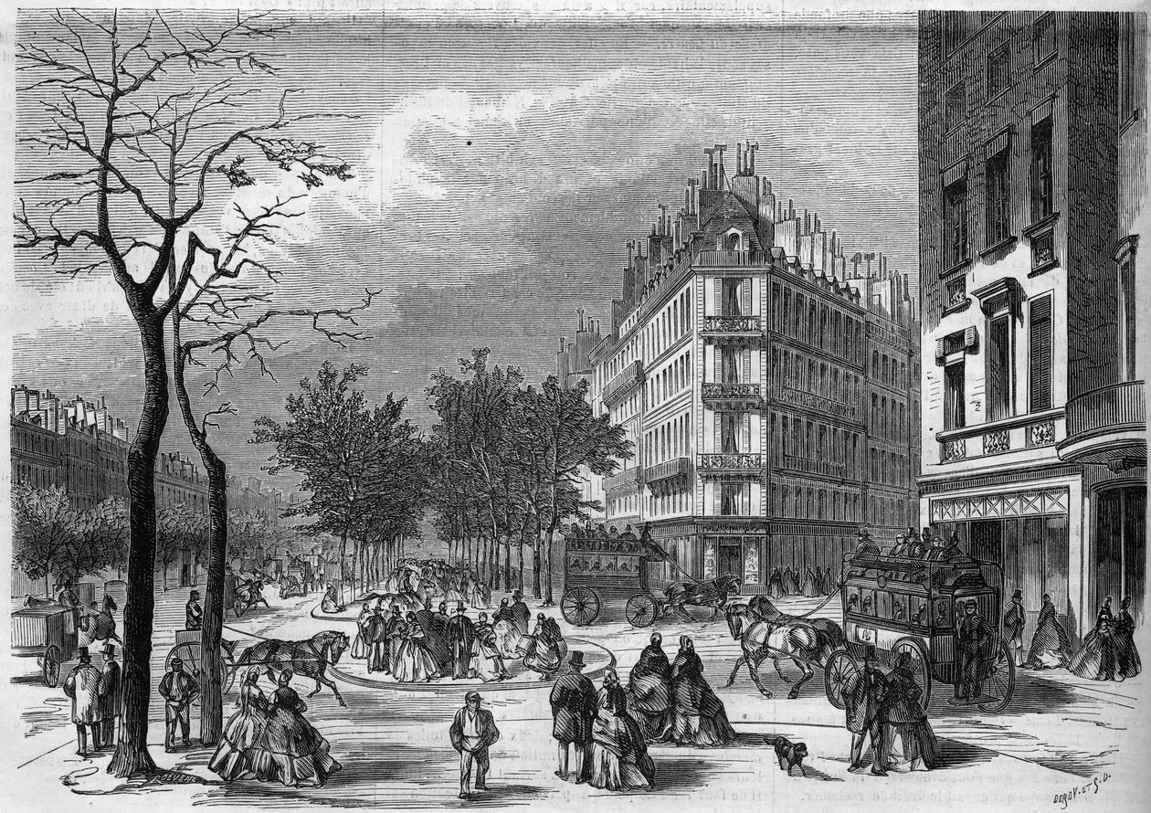 Um dos primeiros "refúgios" para peões que atravessam as avenidas de Paris, estabelecido entre a avenida dos Capucines e a avenida de la Madeleine. de French School