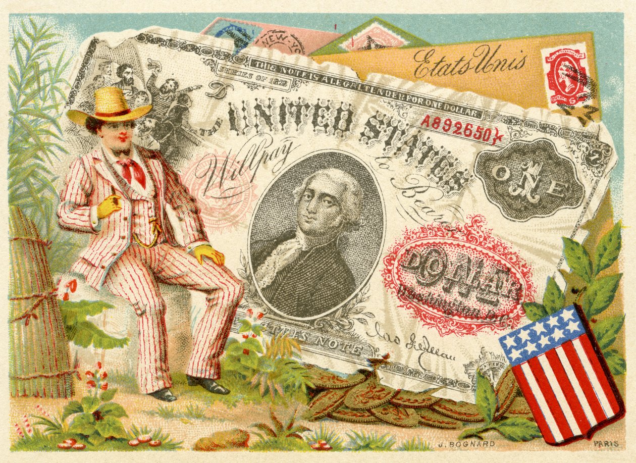 Tio Sam sentado ao lado de uma nota de um dólar, de uma série de cartões promocionais sobre moedas em diferentes países, publicado em Paris pela Bognard para uso em lojas de departamento e fabricantes, 1886-9 de French School