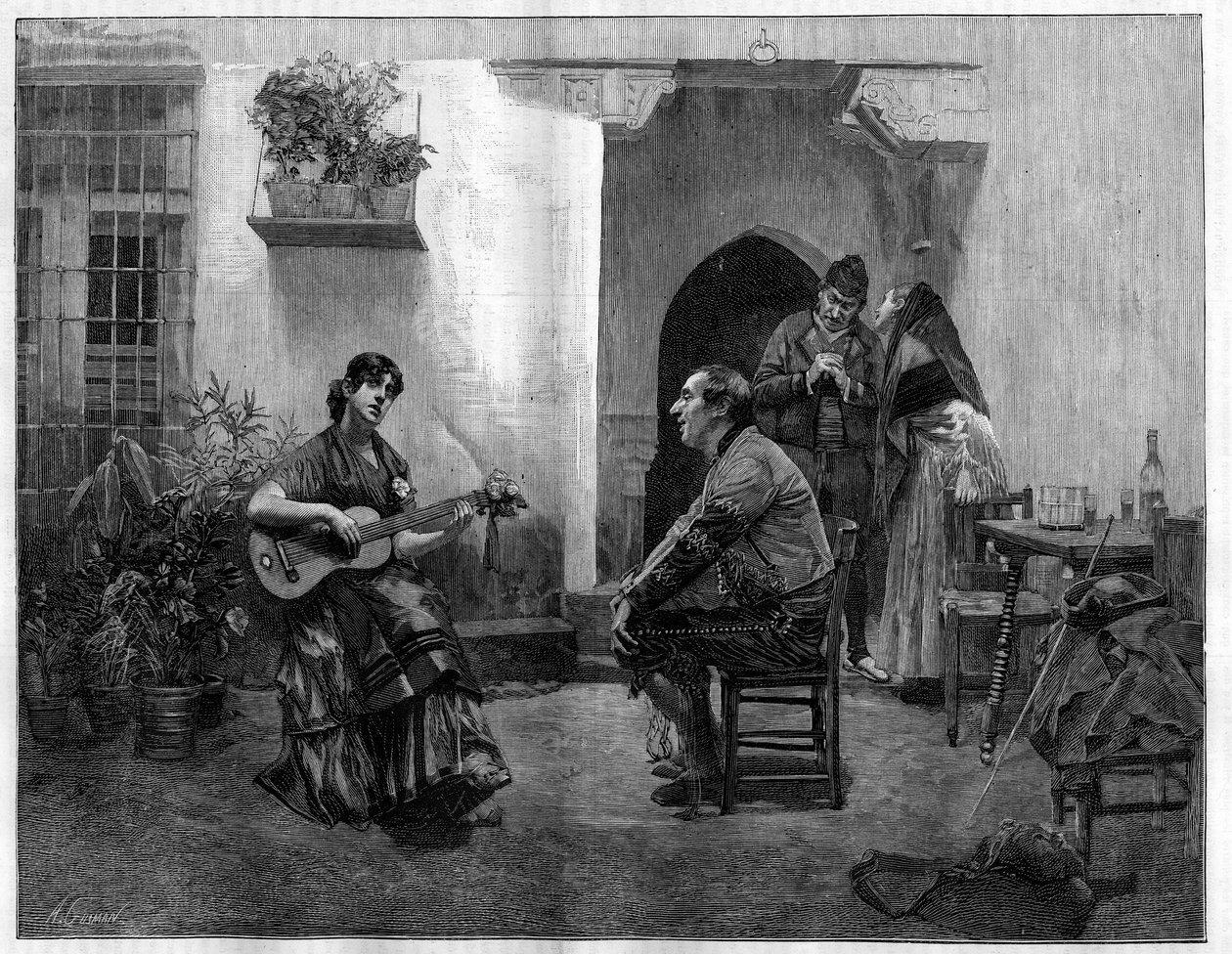 Sob o feitiço: um homem a abafar com admiração uma jovem espanhola a tocar guitarra. Gravura após a pintura de Jules Worms (1832-1914) em "The Illustrous World", 1 de maio de French School