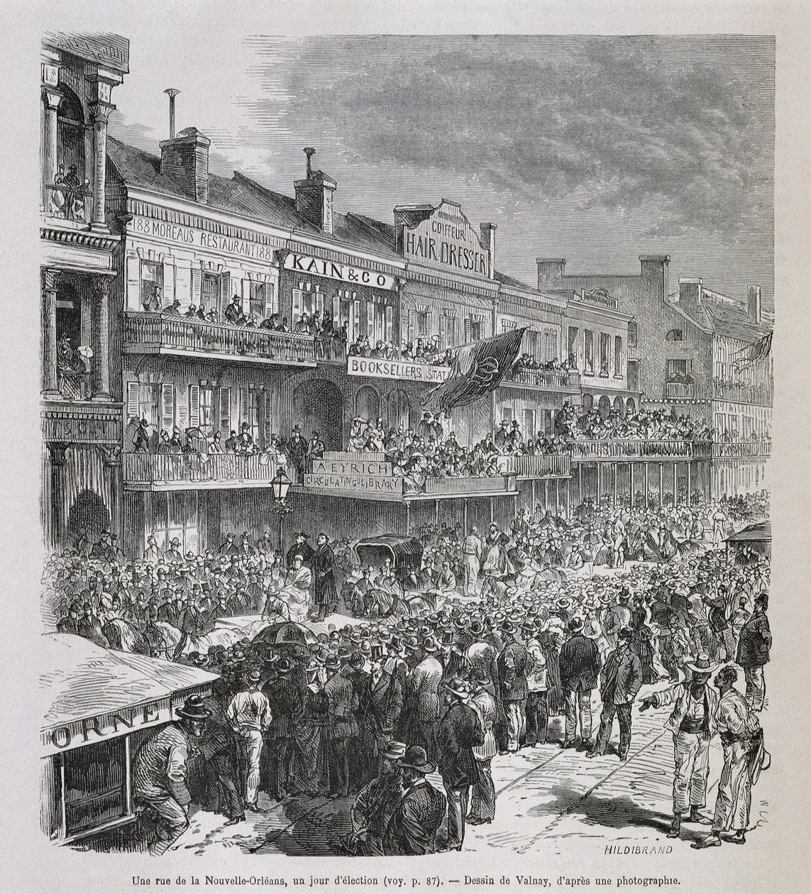 Uma rua em Nova Orleans no dia da eleição de 1875 - em "Le Tour du Monde", 2º sem. 1876 de French School