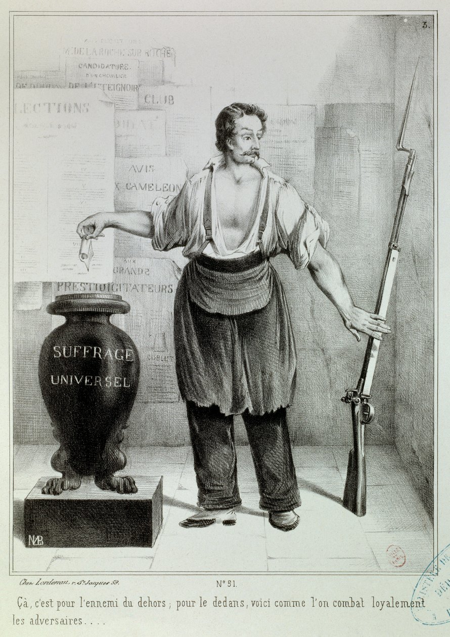 Sufrágio universal "o voto ou o fuzil" O voto deve combater o inimigo em vez do fuzil. Gravação de M.L. Bosredon, abril de 1848. Paris, Musee Carnavalet de French School