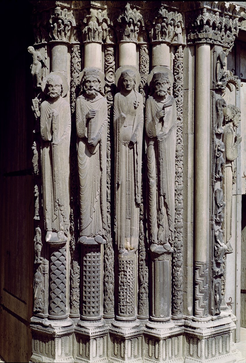 Figura desconhecida, o rei Salomão, a rainha de Sabá e o rei Davi, figuras jamb do Portal Real, 1140-55 de French School