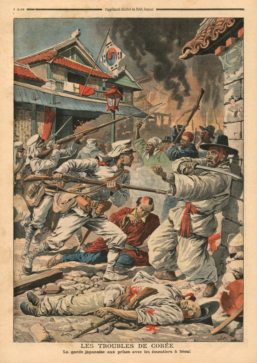 Inquietação em Seul, Coréia, ilustração de &39;Le Petit Journal&39;, suplemento ilustre, 4 de agosto de 1907 de French School