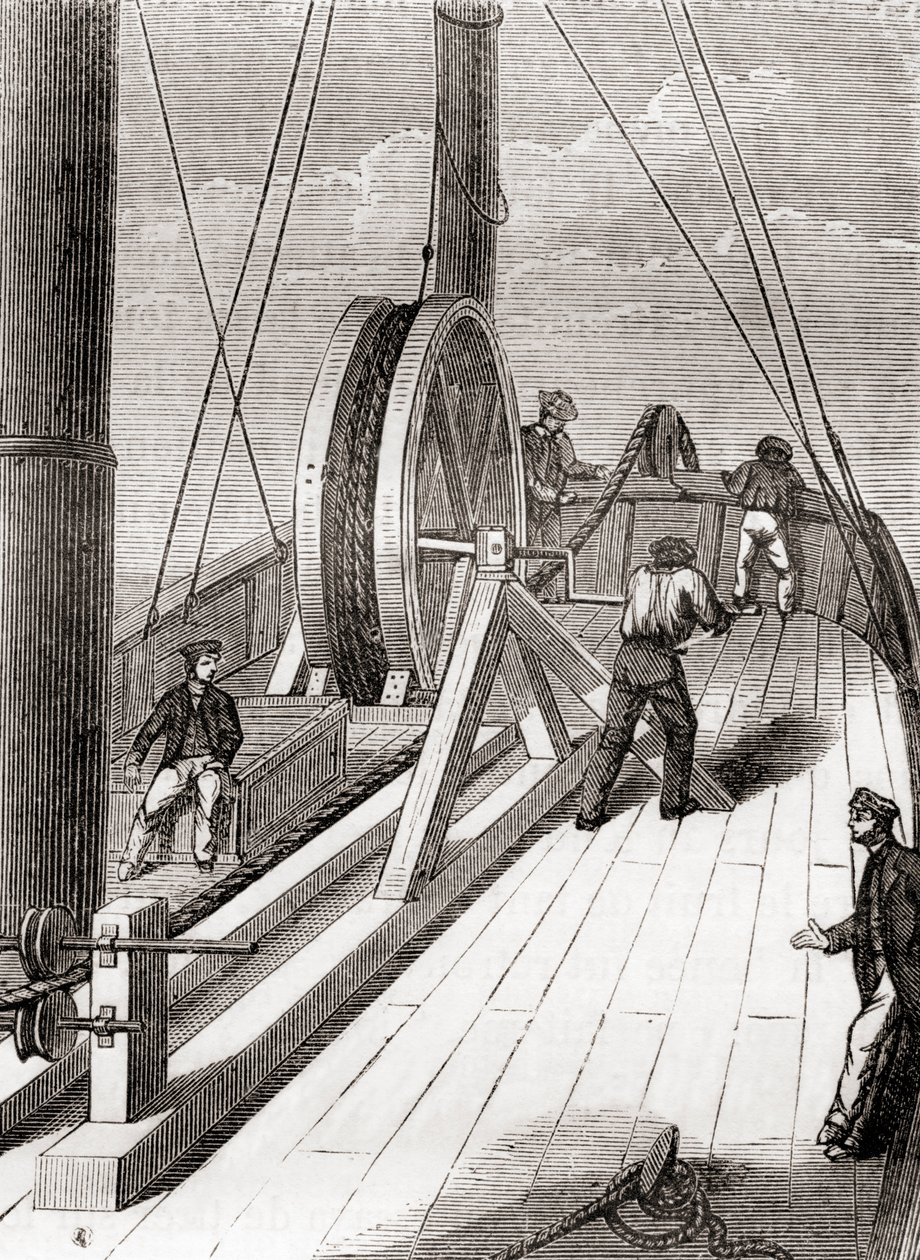 Desenrolar o cabo submarino Dover to Calais a bordo do Blazer, 25 de Dezembro de 1851, de Les Merveilles de la Science, publicado c.1870 (gravura) de French School