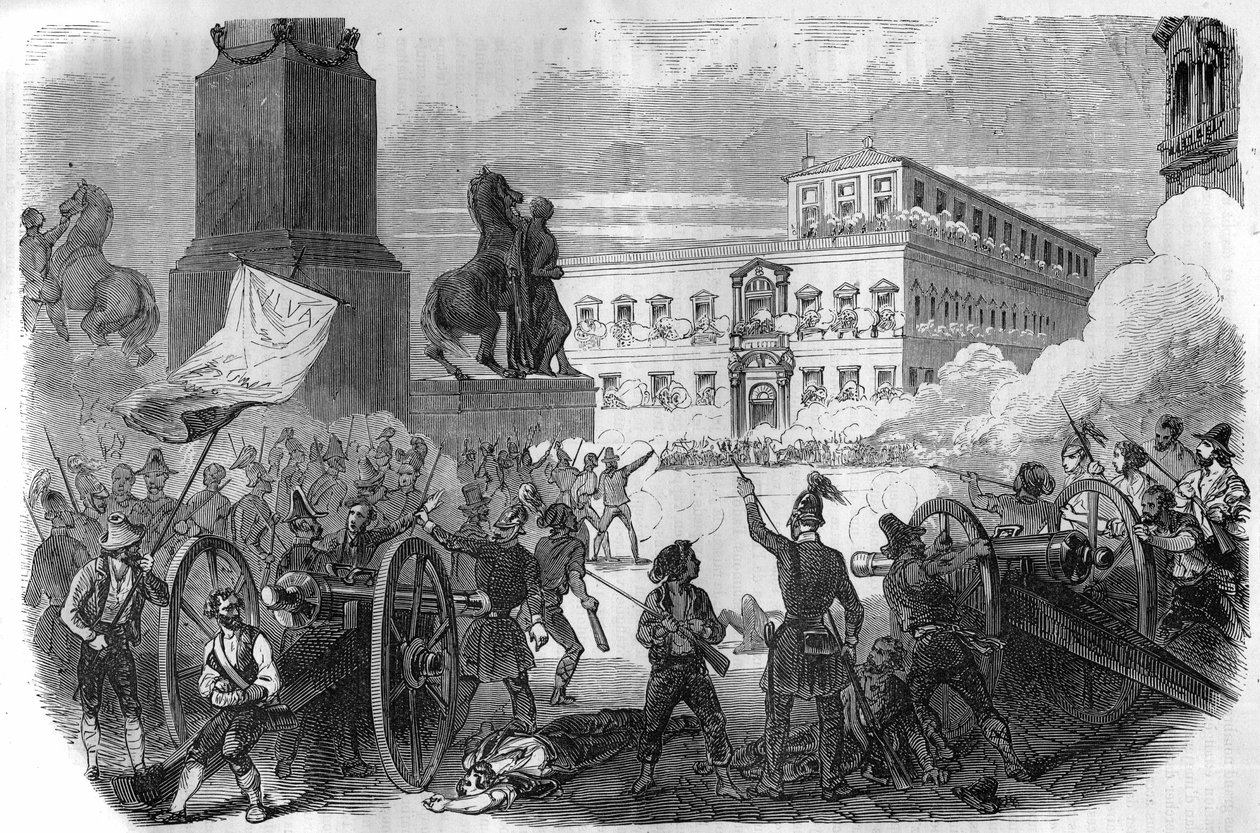 Revolta em Bolonha: derrubamento do governo pontifício sob o Papa Gregoire XVI de 1831 a 1846. Gravação no "Histoire des Papes-Rois-Queen and Empereurs a travessa les centuries" de Maurice Lachatre de French School