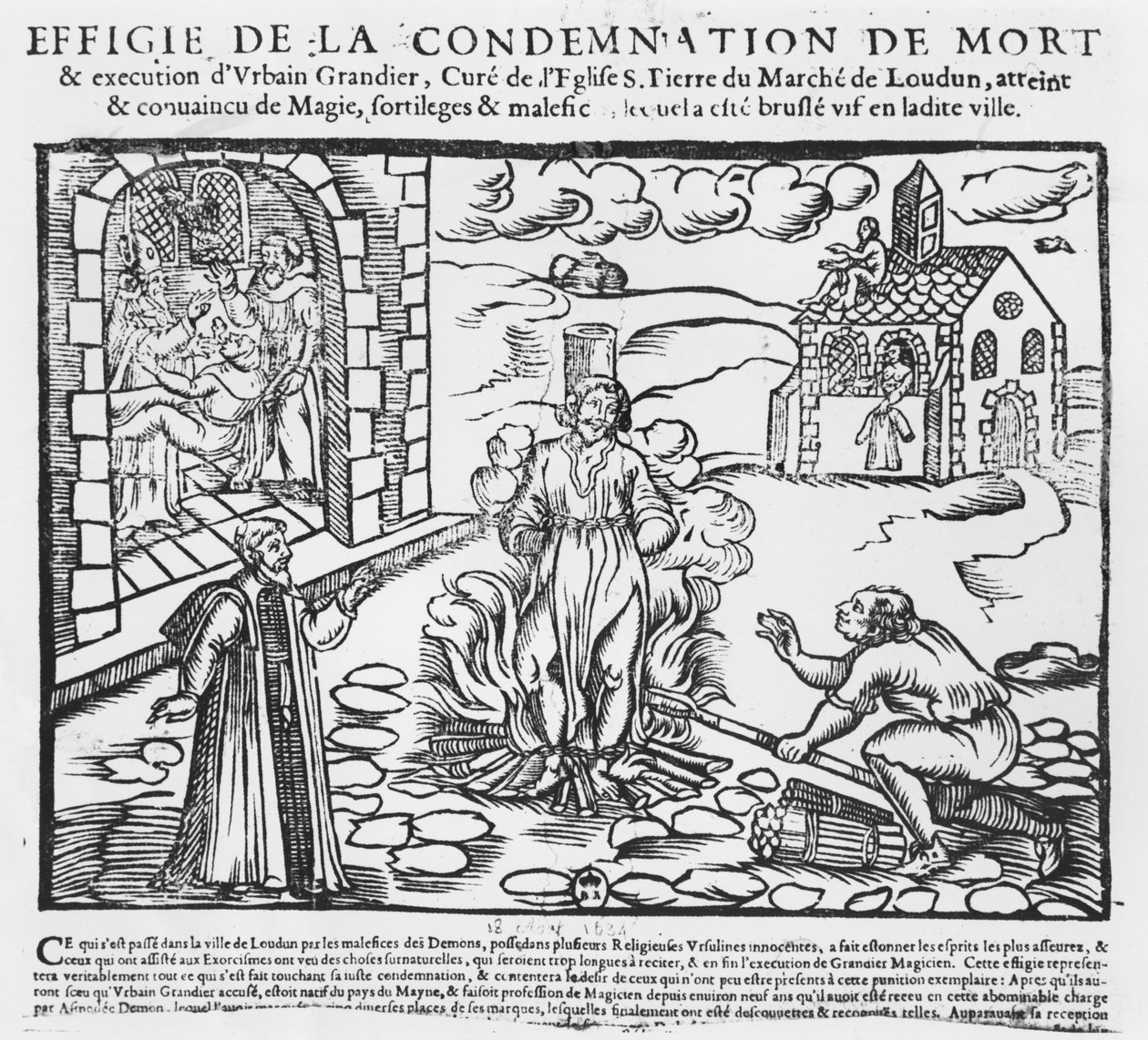 Urbain Grandier queimado na fogueira após os acontecimentos da posse de Loudun, 1634 (gravura em madeira) de French School