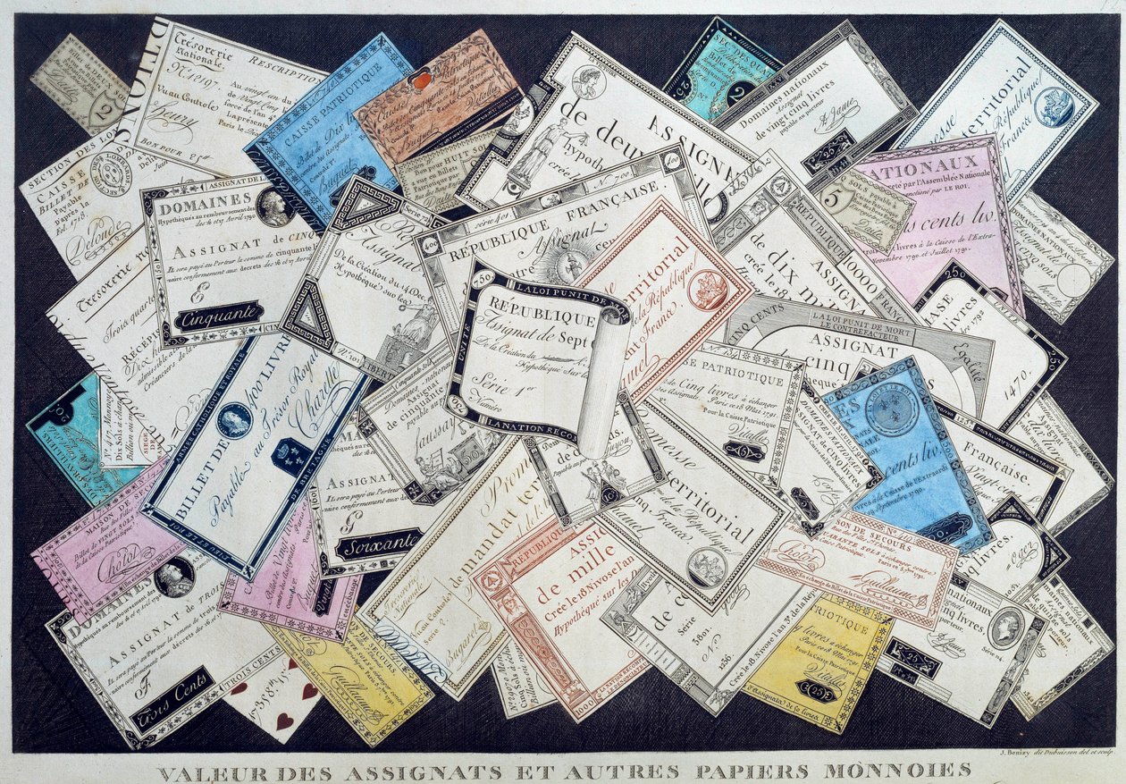 Valor das moedas atribuídas e outras moedas de papel durante a Revolução Francesa. Século XVIII. Musee Carnavalet, Paris - O valor dos cessionários e de outras moedas de papel durante a Revolução Inglesa. Gravura de French School