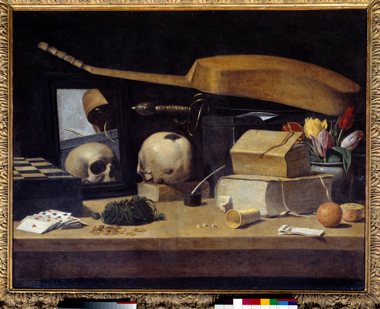 Vanitas Still Life (Vanite) com baralho de cartas, instrumento e crânio. Pintura da Escola Francesa. Século XVII. Sol 0,72x0,9 m de French School