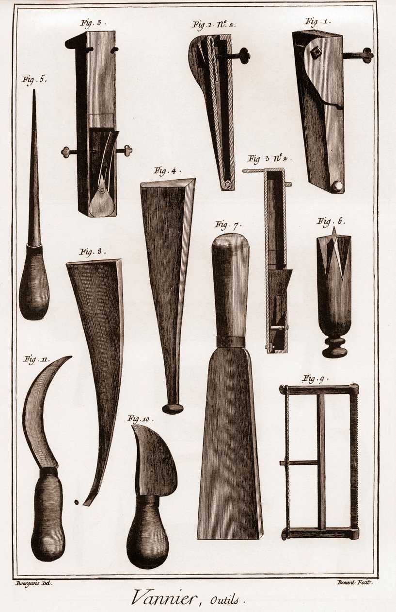 Vannier - ferramentas - fabricante de basquetebol - "The Great Encyclopedie, ou Dictionnaire Raisonne des Sciences, des Arts et des Metiers" (Enciclopédia ou Dicionário das Ciências, Artes e Profissões) por Denis Diderot (1713-1784) e Jean d