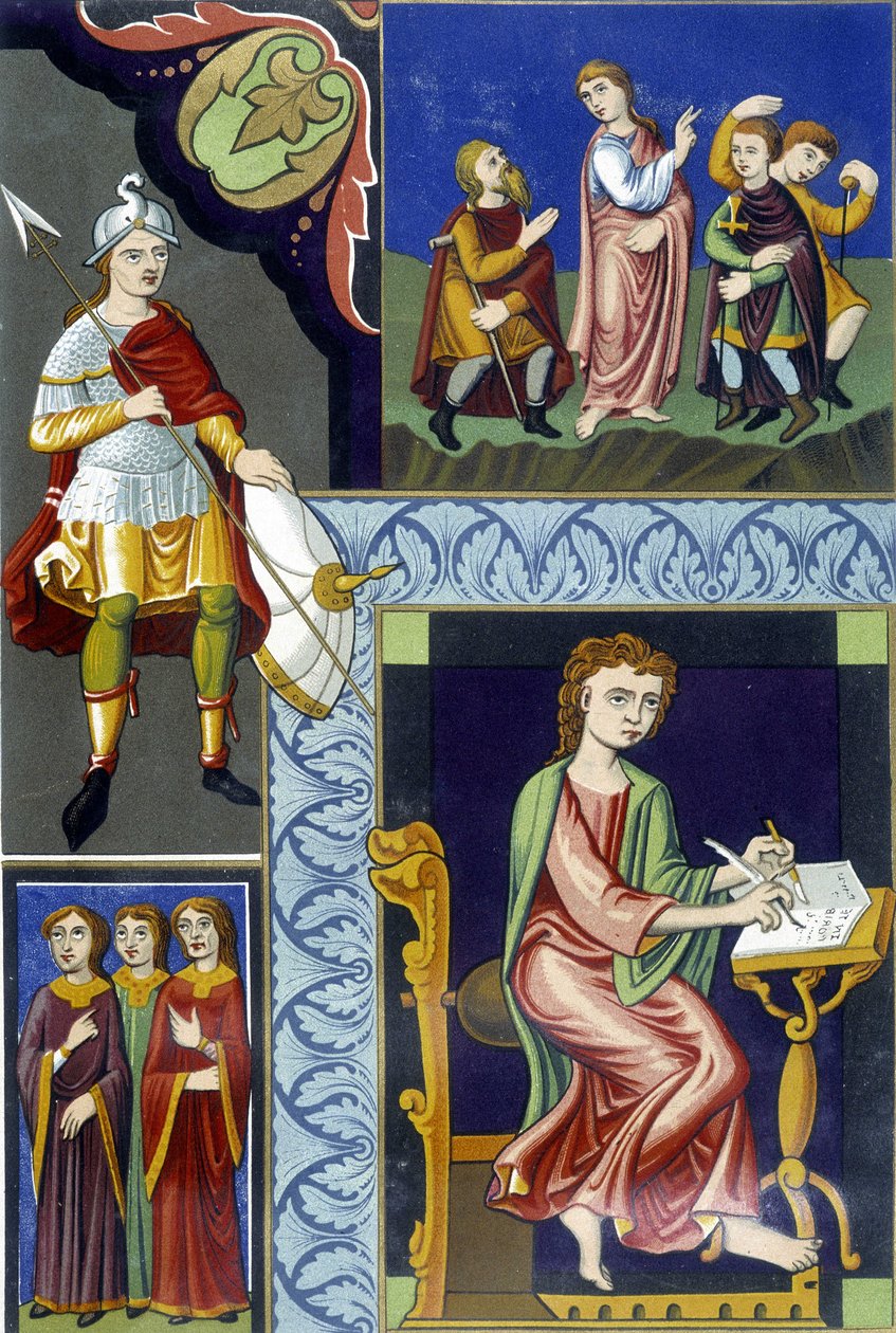 Vários trajes do século IX. Ilustração tirada de "França no século IX". de French School