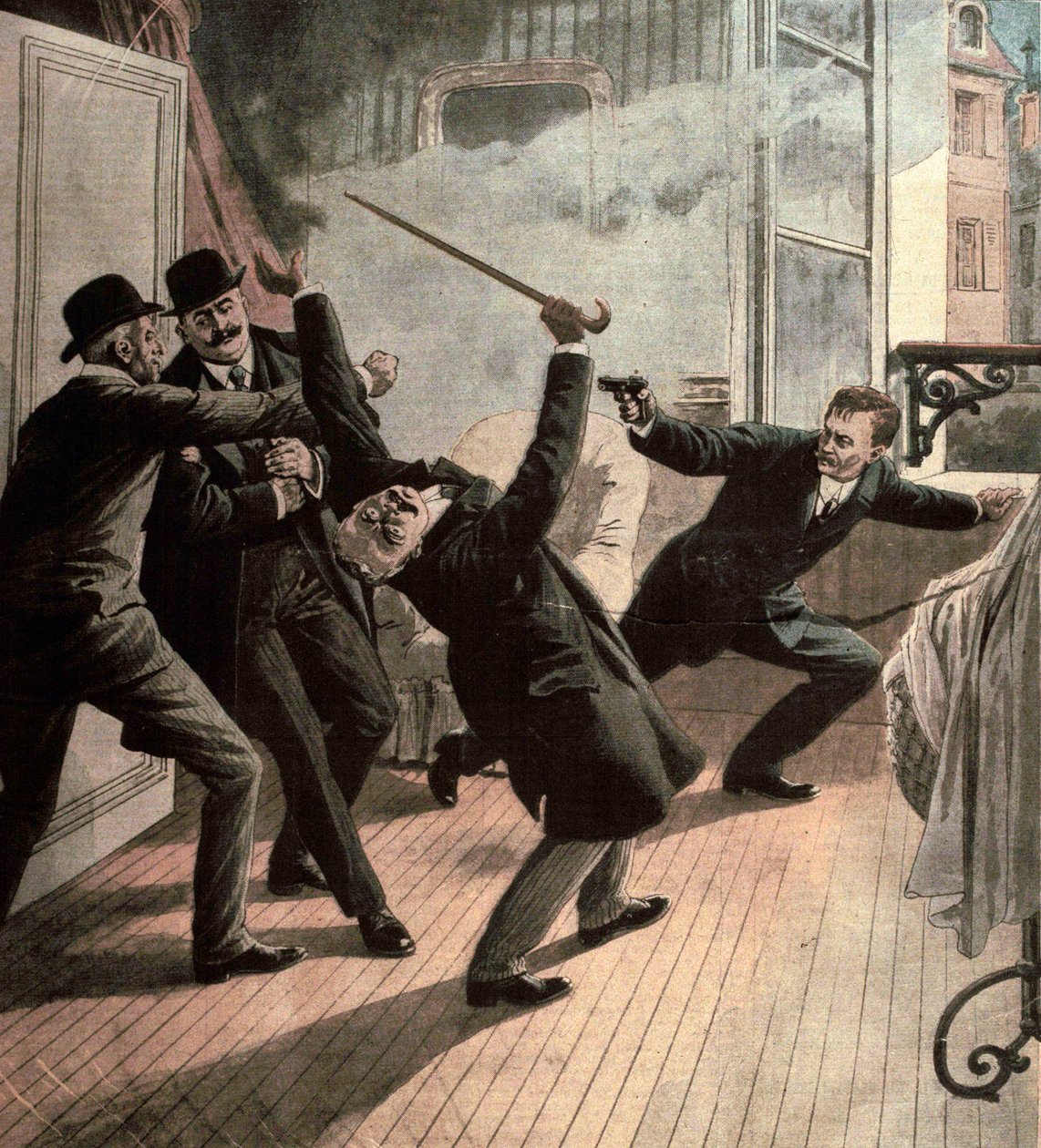 Factos diversos: o anarquista Jules Bonnot, chefe do Bando Bonnot, matou Louis Jouins em 1912 (gravura) de French School