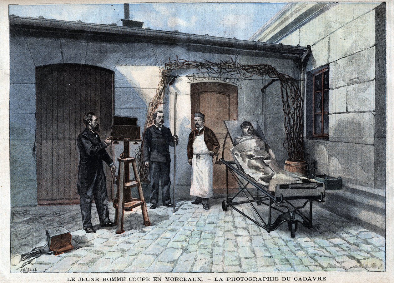Vários factos: a fotografia do corpo cortado em pedaços pelo serviço de Alphonse Bertillon (1853-1914), um cientista francês, criador da antropometria. - em "Le Petitle Parisien" (Le Petitle Parisien) de French School