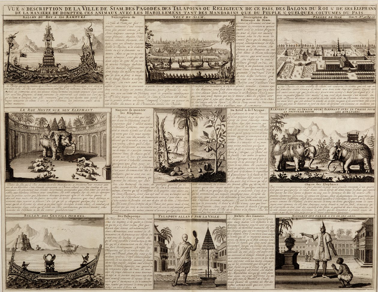 Várias visões de Siam e Ayutthaya, de Du Royaume de Siam por Simon de la Loubere, publicado em 1688 de French School