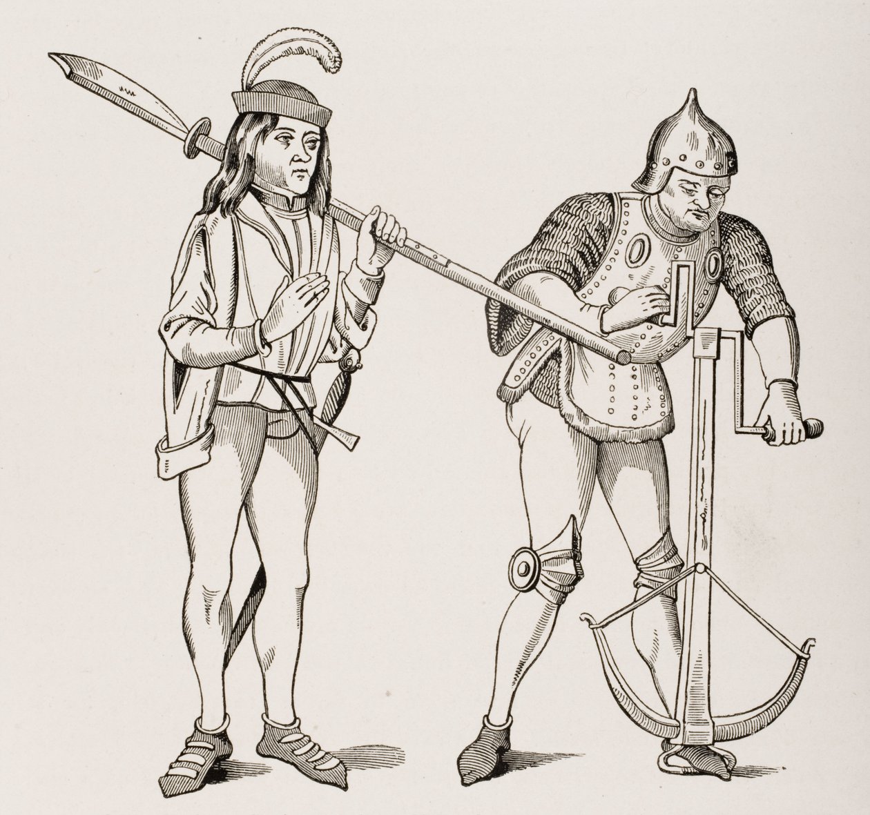 Varlet ou Squire carregando uma alabarda de lâmina grossa e um arqueiro desenhando uma corda de besta com um guincho de duas mãos, depois de uma miniatura do século 15, de Le Moyen Age et La Renaissance por Paul Lacroix ( de French School