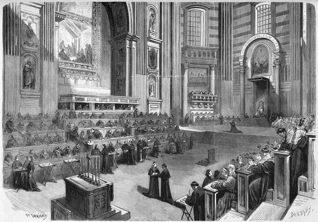 Concílio Vaticano 1 (1869-1870): Primeira reunião realizada em 9 de dezembro de 1869 na parte direita do transepto da Igreja de São Pedro em Roma. Gravura no "Le Monde Illustré" n°663 de 25 de Dezembro de 1869. de French School