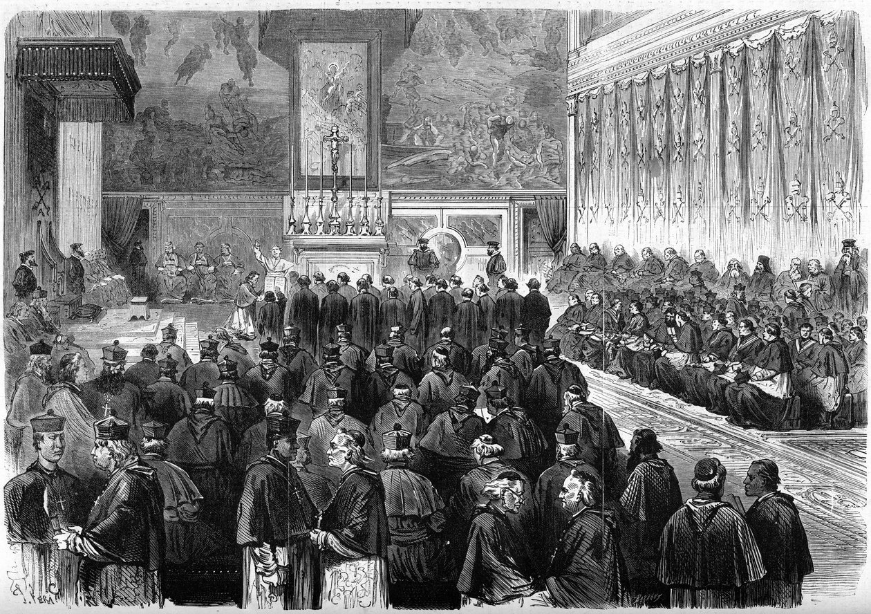 Concílio Vaticano 1 (1869-1870): audiência prosinodal na Capela Sistina de Roma. O Papa Pio IX (1792-1878) recebeu o juramento do serete dos marechais e dos oficiais do Concílio. Dezembro de 1869. Gravura no "Le Monde Illustré" n°662 de 19 de dezembro de 1 de French School