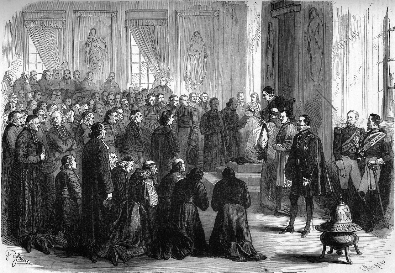 Concílio Vaticano I (1869-1870): O Papa Pio IX (1792-1878) recebeu em audiência geral os eclesiásticos franceses que seguiram as eveques de French School