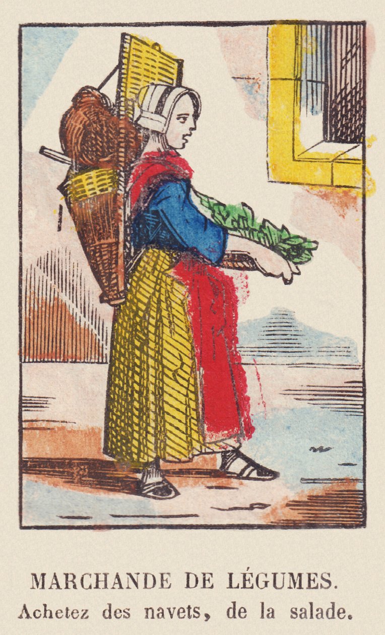 Vendedor de legumes. Comprar nabos, salada, por volta de 1819 (gravura) de French School