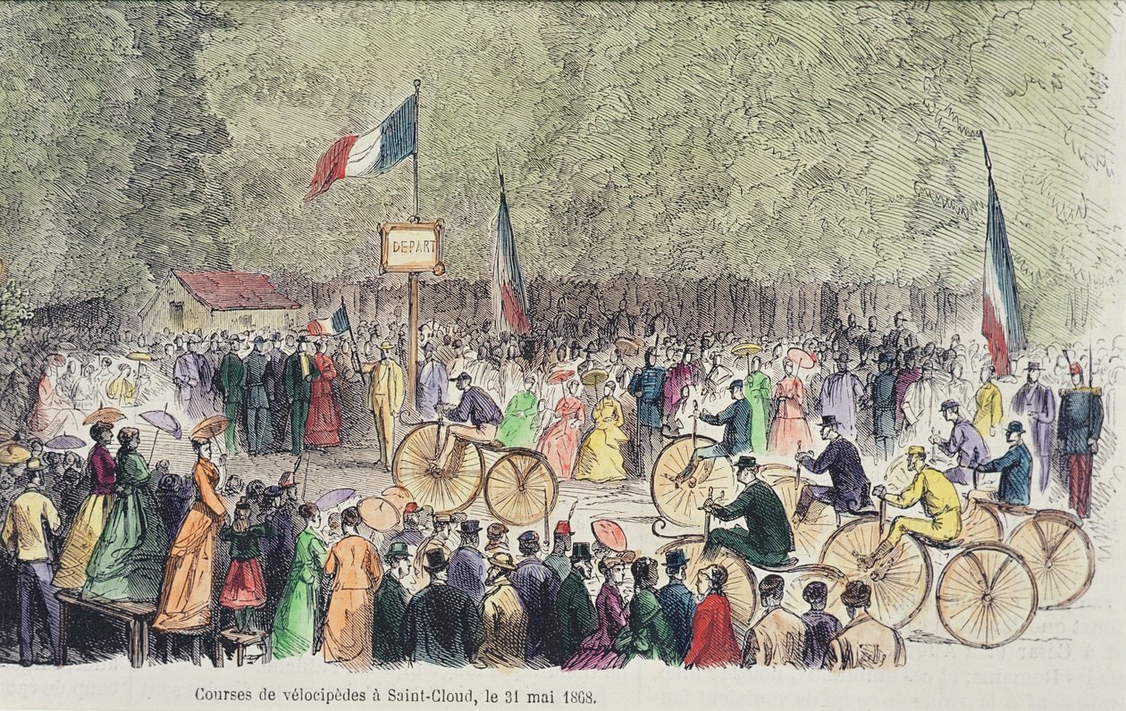 Corrida de velocípedes em Saint-Cloud, 31 de maio de 1808 (gravura a cores) de French School