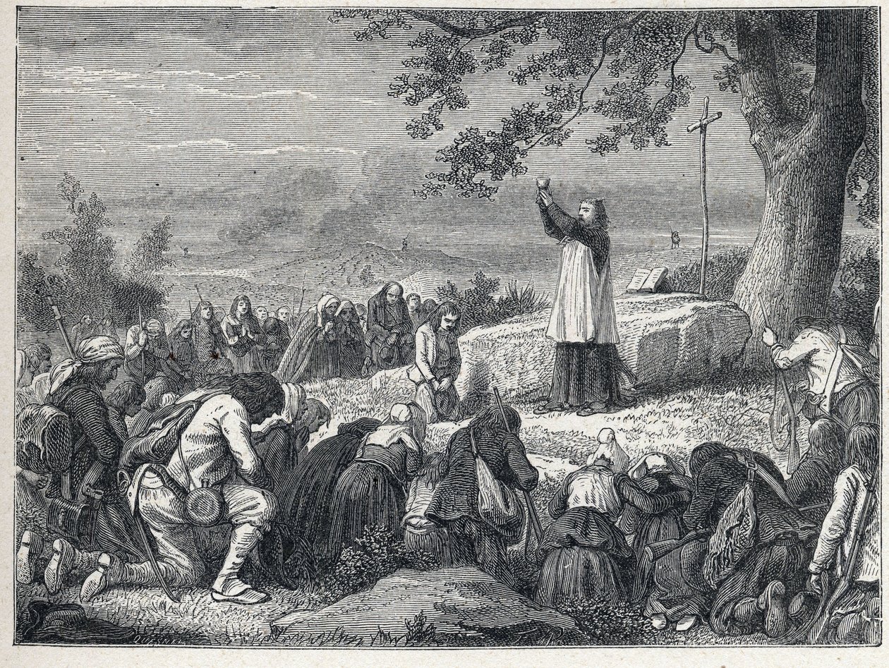 Vendee Wars (1793-1796): Padre insere a celebração de uma missa sob um carvalho para a população insurgente que rejeita os padres jurados. Gravura a partir de 1889. Coleção privada. de French School