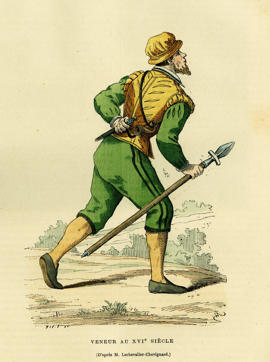 Traje de Veneur, encarregado de caçar cães comuns, no século XVII. Gravura a cores segundo um desenho de Lechevaller-Chevignard, em "France et les francais a travers les centuries" de Augustin Challamel, editor F.Roy, Paris 1882. Coleção Selva. de French School
