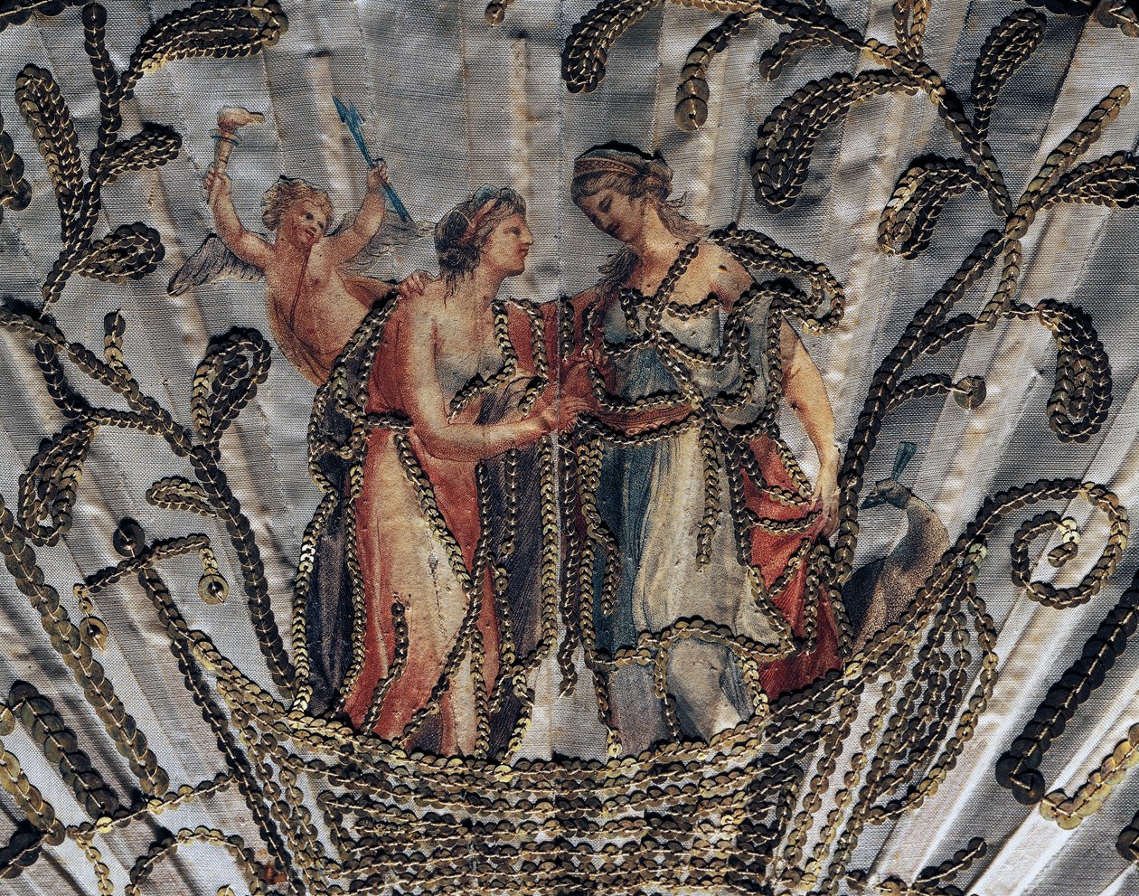 Vénus e Juno, detalhe de folha de seda de ventoinha de mão, bordados e lantejoulas, pau de guarda de osso trespassado em prata de French School