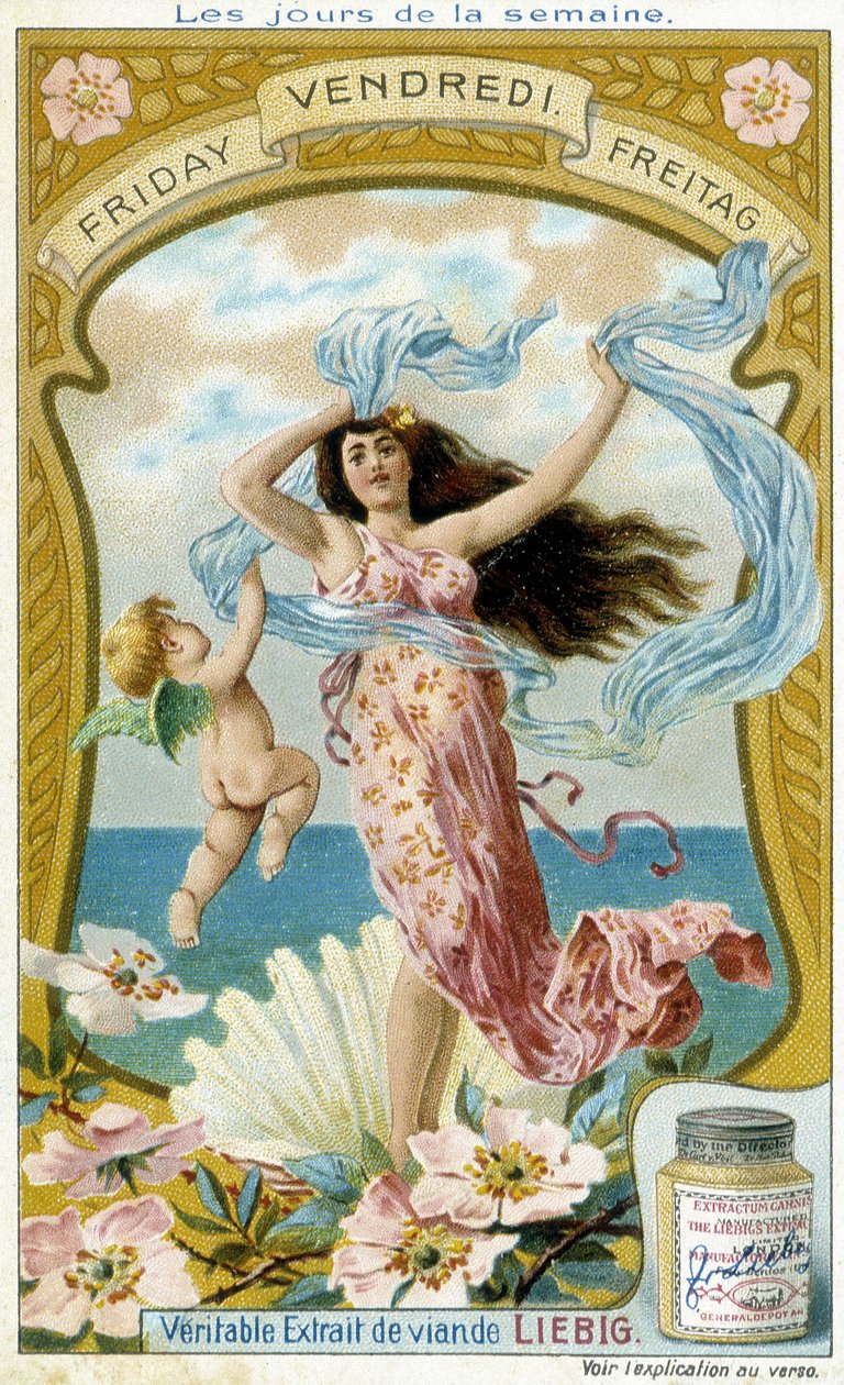 Vénus ilustra a sexta-feira. Cartão publicitário cromolitográfico Liebig. de French School