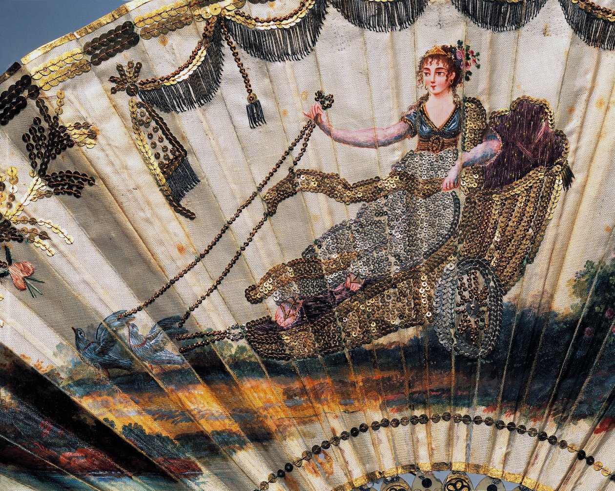 Vénus na sua carruagem, detalhe do ventilador de mão à noite com folha de seda pintada e bordada com lantejoulas e folha de ouro de French School