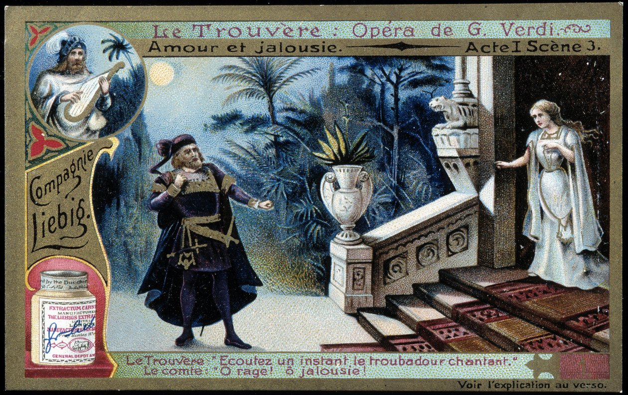 Trouvère de Verdi: ato I sc. 3 - Cromolitografia de Liebig, v.1900 de French School