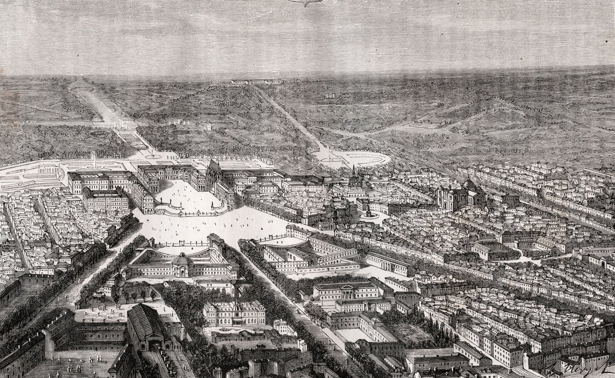 Versalhes com o seu castelo no século XIX - gravura em "La France illustree: geography, history, statistical administration" de V.A. Malt-Brown. 1884 de French School