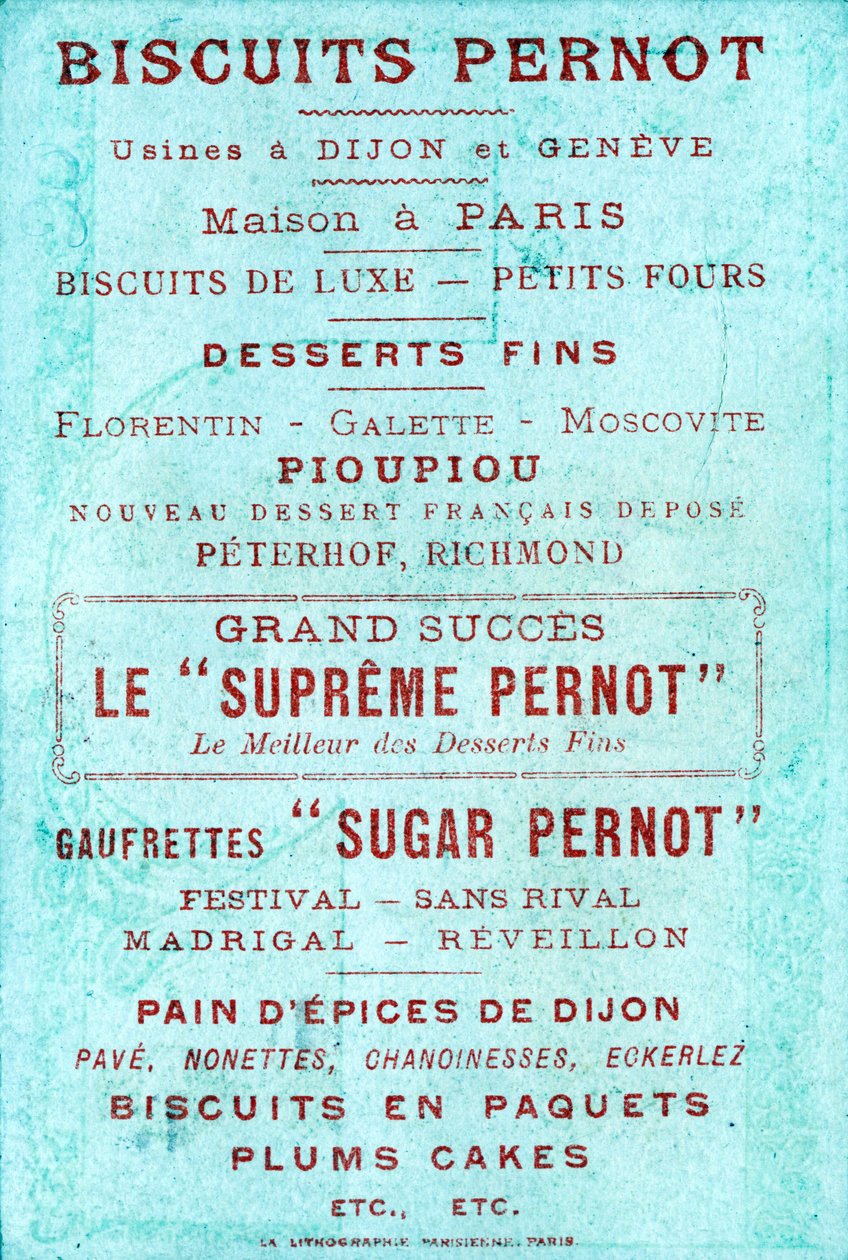 Verso com publicidade para Biscoitos Pernot, fábricas em Dijon e Geneve, Maison em Paris de French School