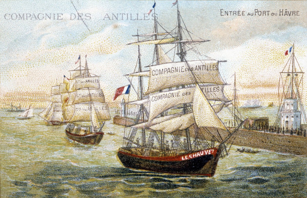 Navios da companhia das Índias Ocidentais no porto de Le Havre. Ilustração do século XIX preservada na biblioteca municipal de Dinan. de French School