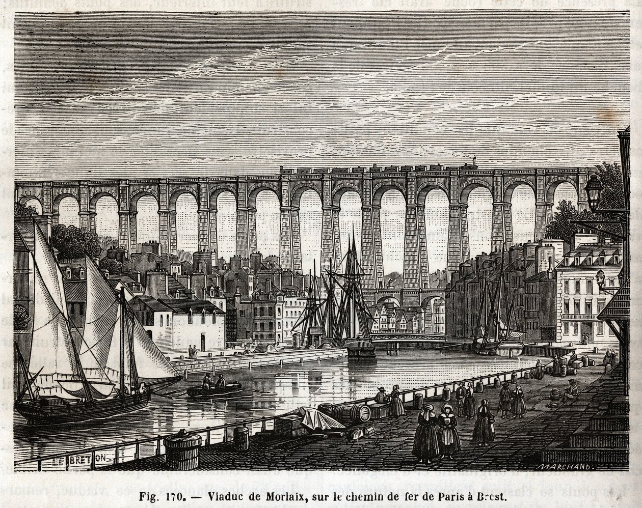 Viaduto de Morlaix, na linha férrea de Paris a Brest (França). Gravura de Lebreton et Marchand, em "Les Merveilles de la Science" de Louis Figuier (1819-1894), edição Jouvet et Cie de French School