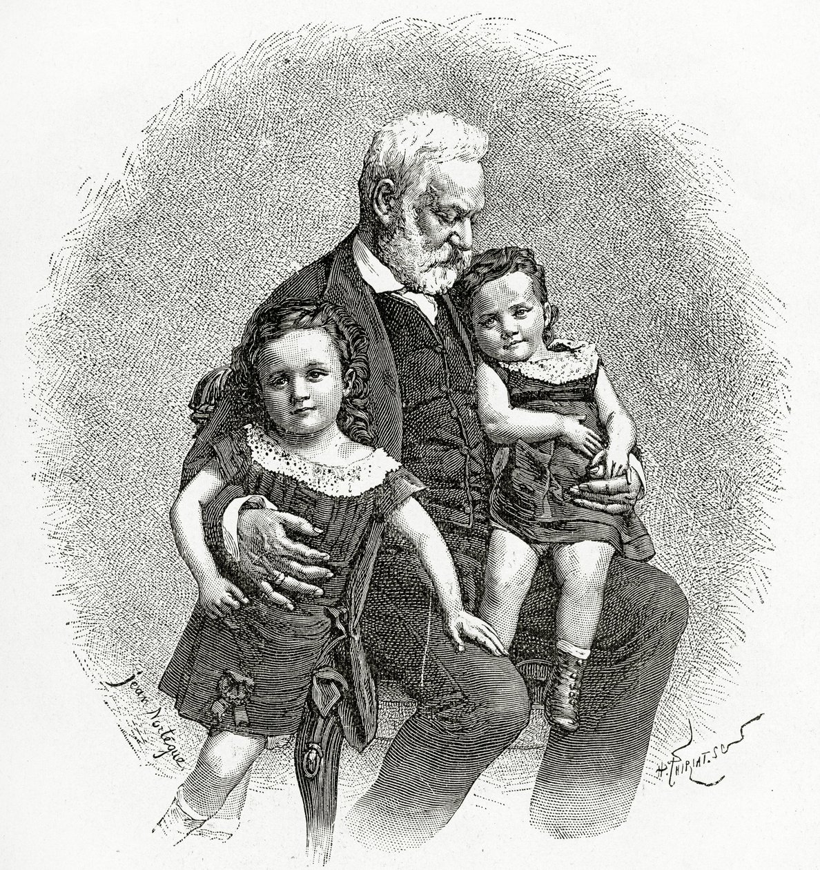 Victor Hugo e seus filhinhos, século XIX (gravura bw) de French School