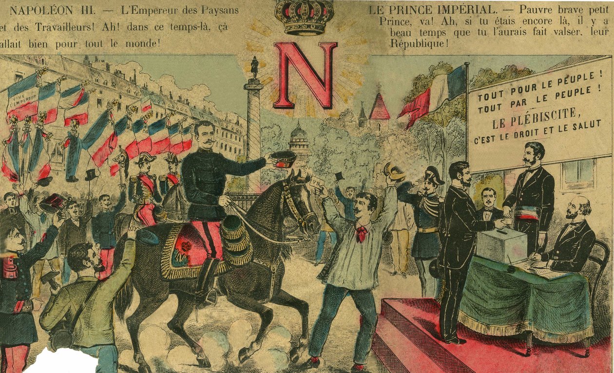 Victor Napoleão (1862-1926) à frente dos partidários dos Bonapartistas, o último herdeiro de Napoleão, tive de me exilar após uma lei aprovada pela Terceira República em 1886. Gravura, em "Le Figaro, suplemento", em 30/03/1889, Paris. de French School